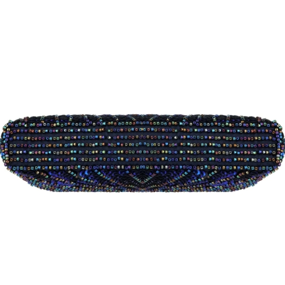 Peacock Feather 20s 30s Retro Sequin Clutch Purse Blue Evening Bag Chain Strap - Picture 9 of 11